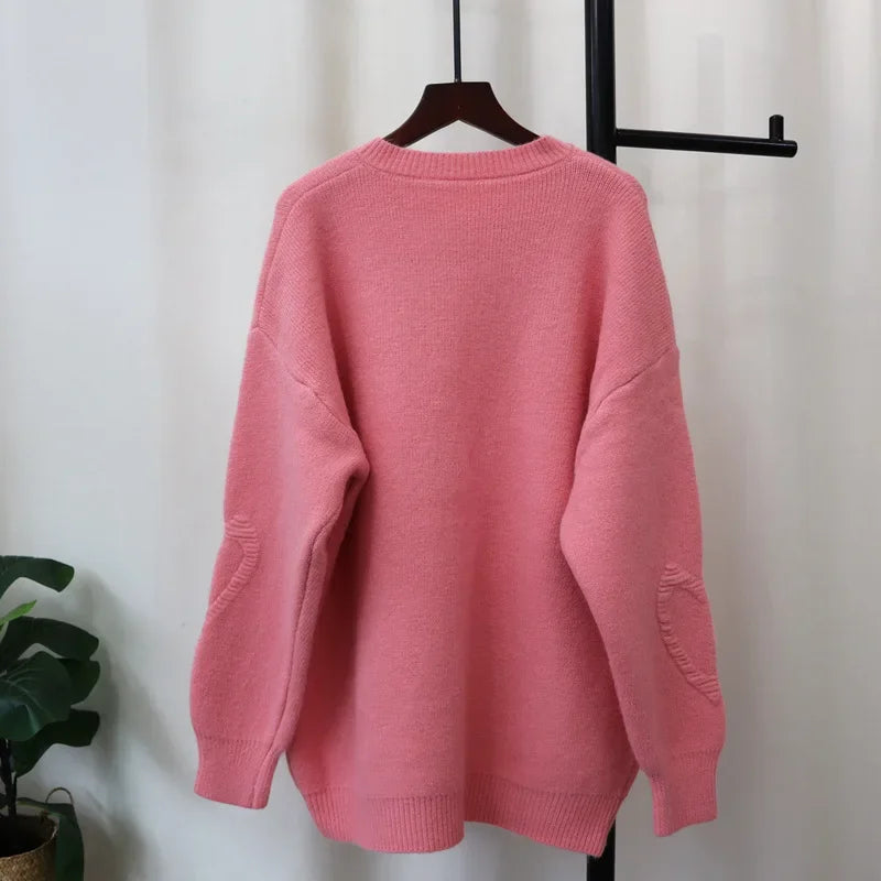Sweet Love Heart Beads 2024 Woman Cardigan Exquisite Button Ropa Mujer O-neck Long Sleeve Outerwears Loose Sweater Cardigans