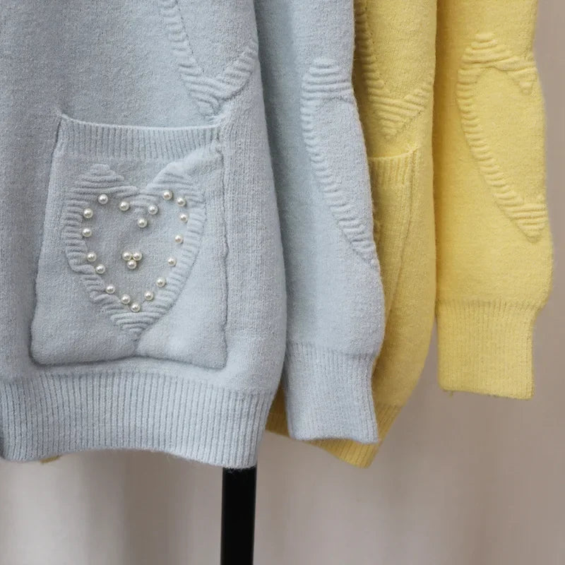 Sweet Love Heart Beads 2024 Woman Cardigan Exquisite Button Ropa Mujer O-neck Long Sleeve Outerwears Loose Sweater Cardigans