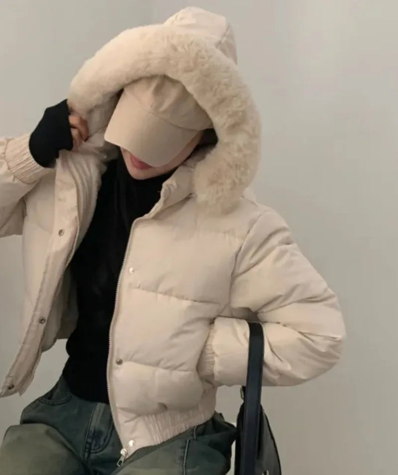 Thick Warm Fur Collar Abrigos Invierno Hooded Zipper Outerwears Winter 2024 New Woman Jacket Long Sleeve Chamarras Mujeres
