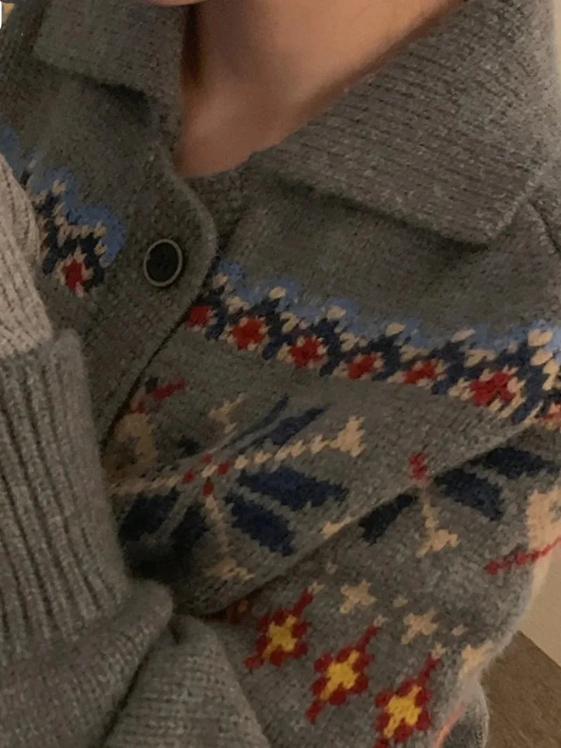 Vintage Jacquard Pattern Cardigan Turn Down Collar Outerwears 2024 Women Clothing Knitted Sweater Autumn Winter Cardigans