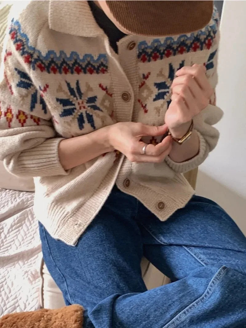 Vintage Jacquard Pattern Cardigan Turn Down Collar Outerwears 2024 Women Clothing Knitted Sweater Autumn Winter Cardigans