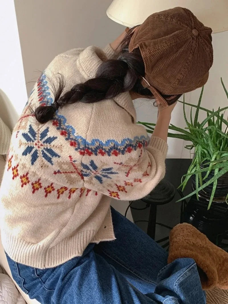 Vintage Jacquard Pattern Cardigan Turn Down Collar Outerwears 2024 Women Clothing Knitted Sweater Autumn Winter Cardigans