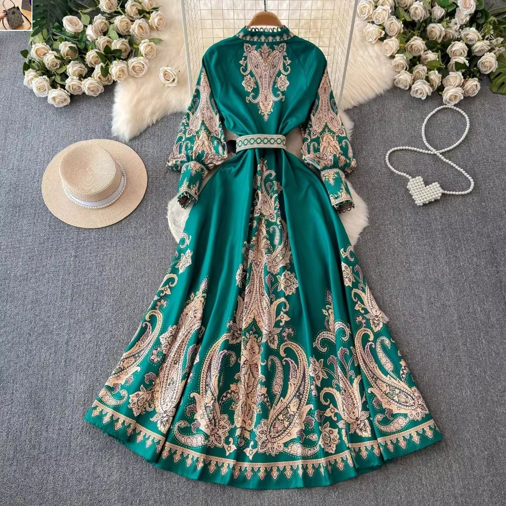 Vintage Print Lantern Sleeve Dress SA120