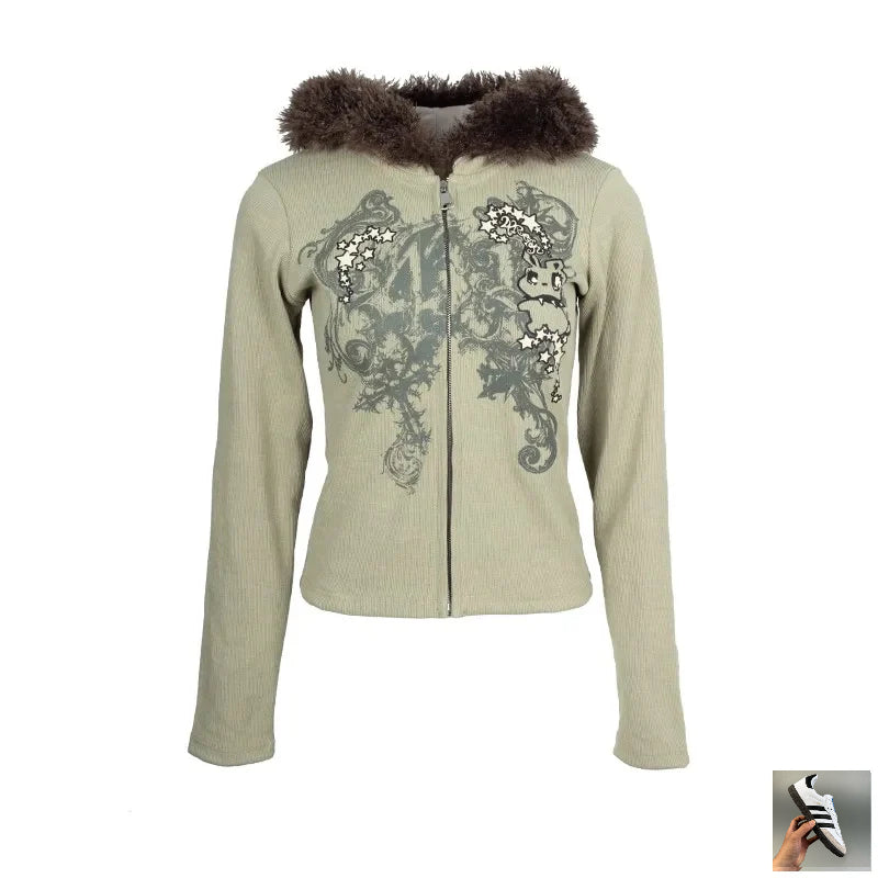 Fur Hooded Cardigan Vintage Harajuku Knitted Jacket SA151