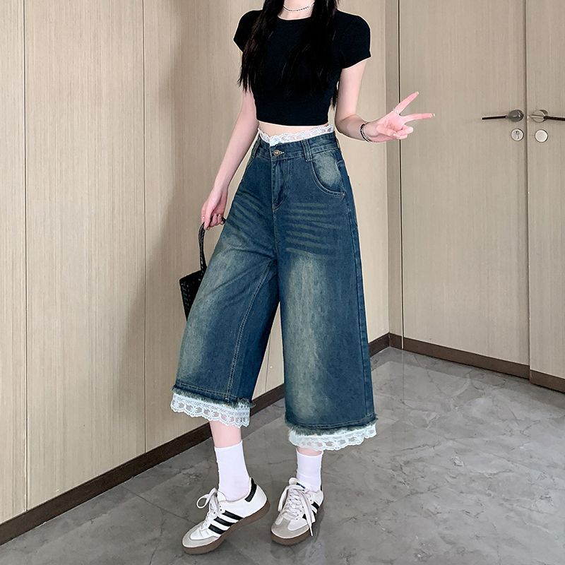 Lace Patchwork Denim Cropped Pants SA792