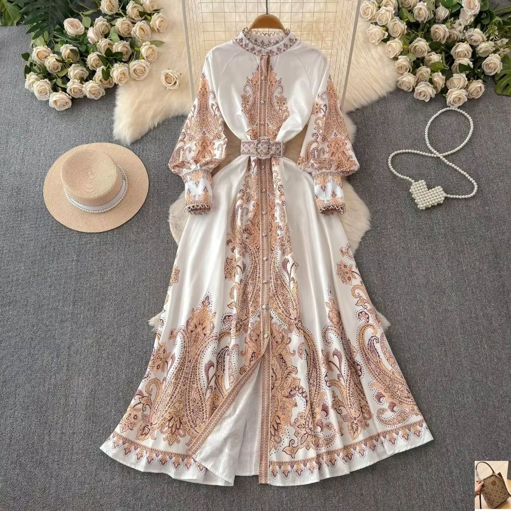 Vintage Print Lantern Sleeve Dress SA120