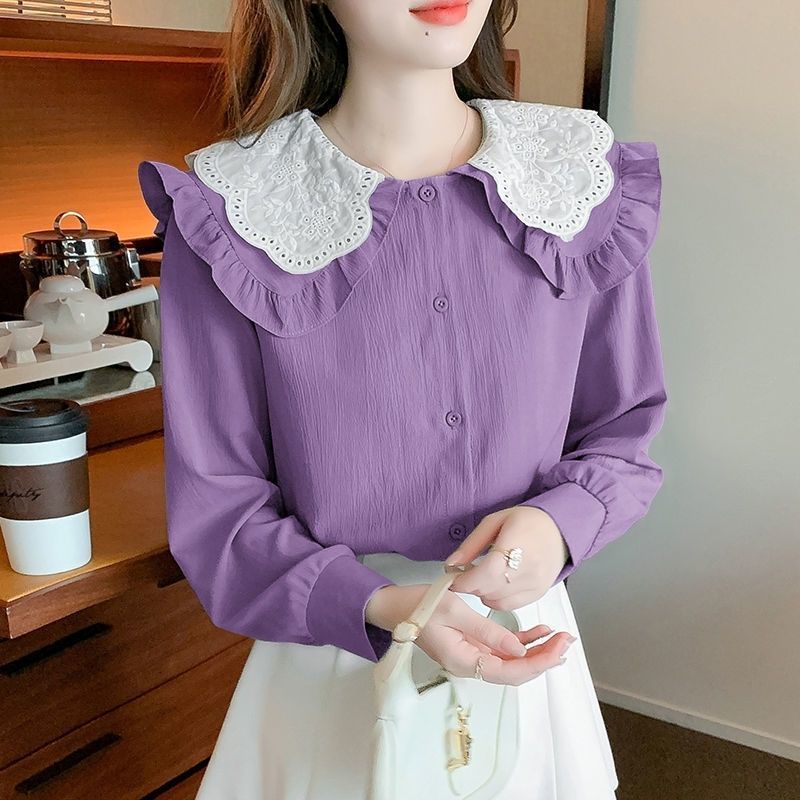 Long Sleeve Doll Collar Chiffon Shirt Women 69A753