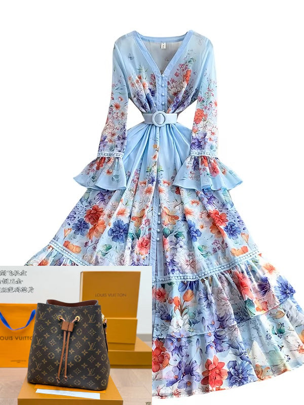 Printed Waist-cinching Ruffle Dress SA731