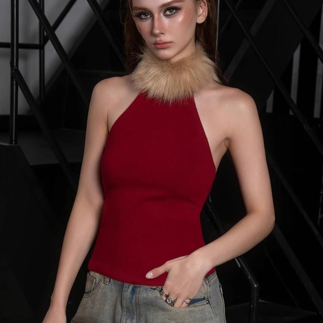 Red Fur Collar Patchwork Sleeveless Vest SAB224