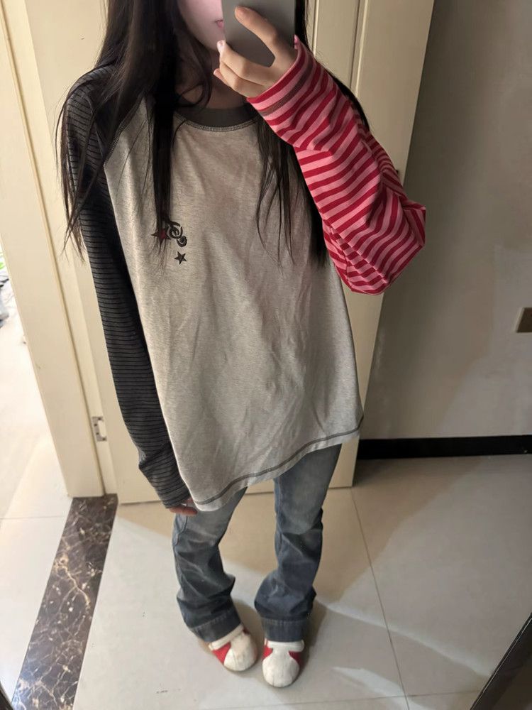 Spliced long-sleeved Embroidered T-shirt SAB191