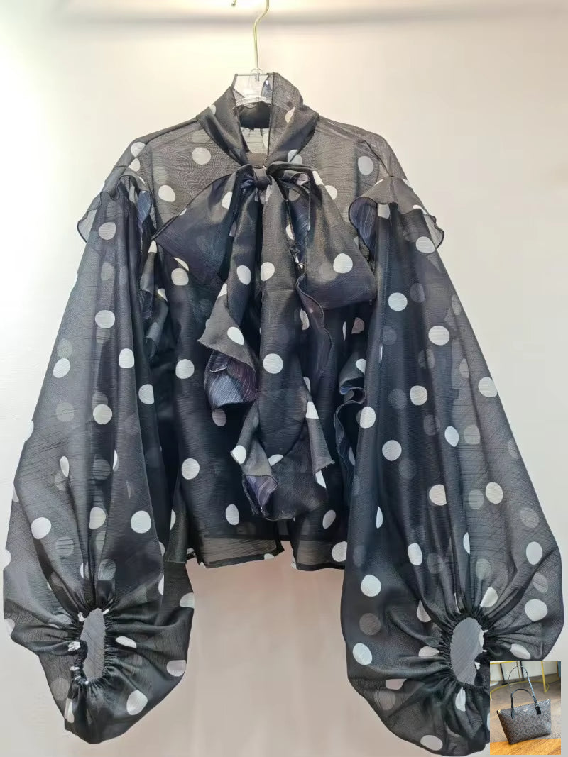Lace-up Bow Blusas Mujer Polka Dot Ptint Shirts SA234