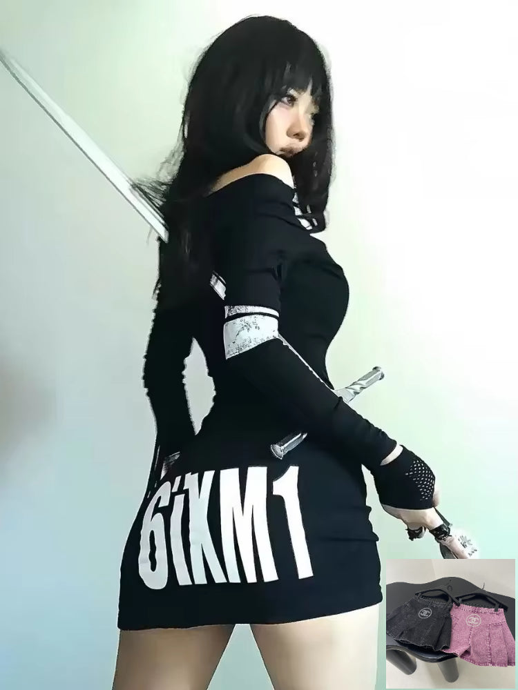 High Street Off The Shoulder Slim Fit Punk Vintage Print Dresses SA185-SA191