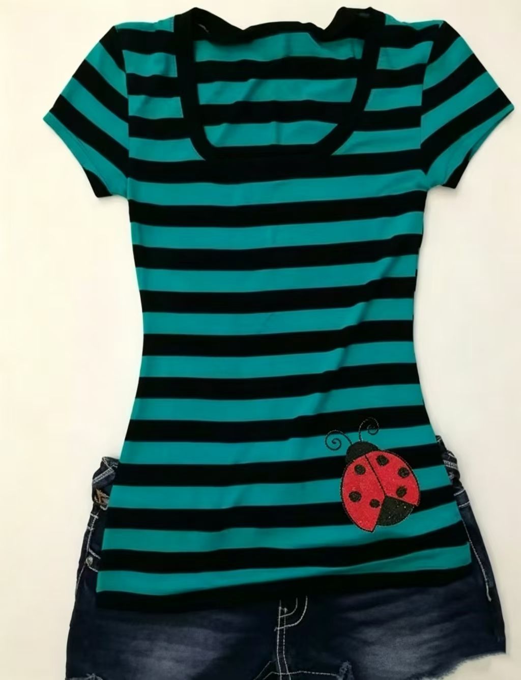 Green Black Stripe Short Sleeve T-shirt SAB064
