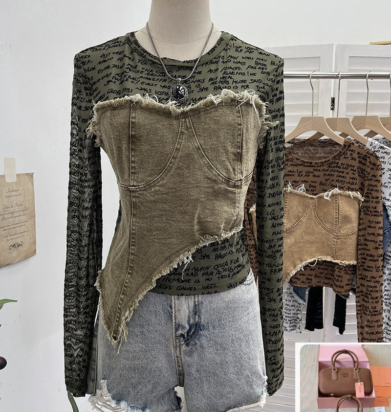 Letter Print Splicing Denim Long-sleeved T-shirt SA466/SA467