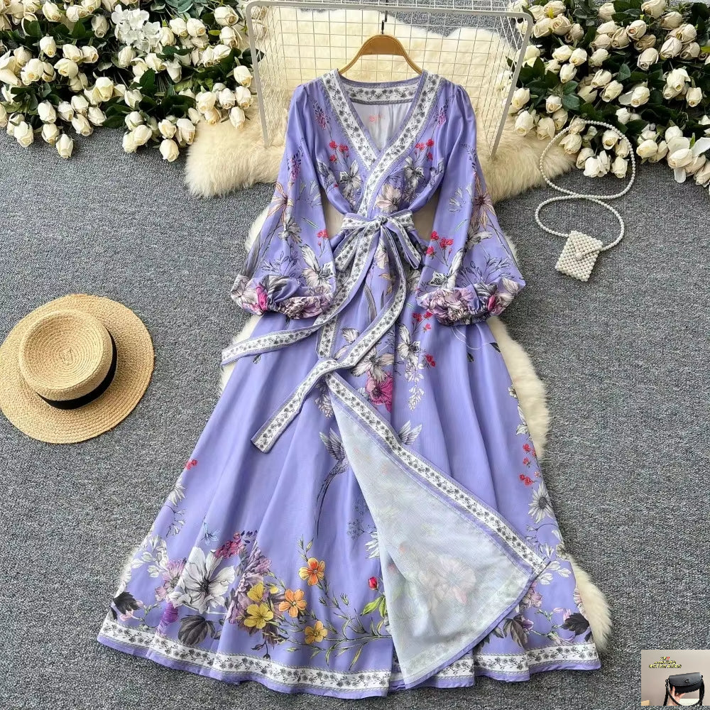 Cross V-neck Lantern Sleeve Panelled Dress SA119
