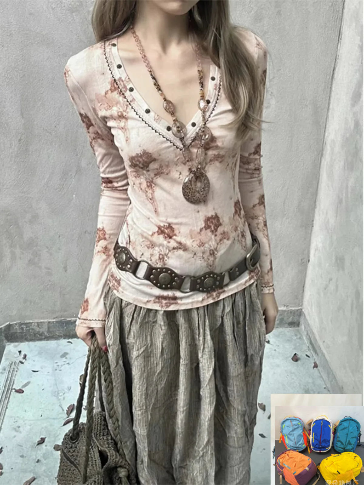 American Vintage Print V-neck Flare Sleeve Tshirts SP025