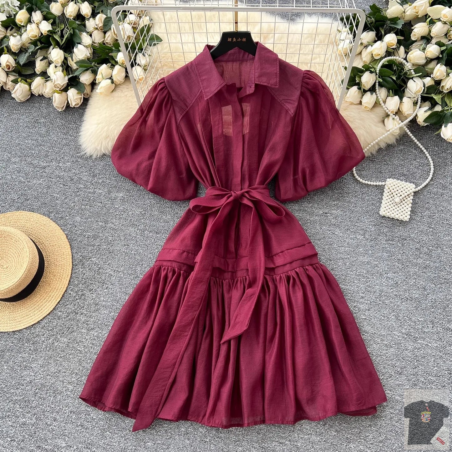 Chic Organza Bandage Lace Up Belt Summer Holiday Oversized Loose Dresses Women Shirt Collar Puff Sleeve Loose Party Vestidos