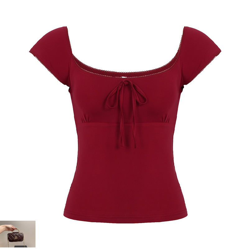 Square Neck Lace-Up Short Sleeve T-Shirt SA352