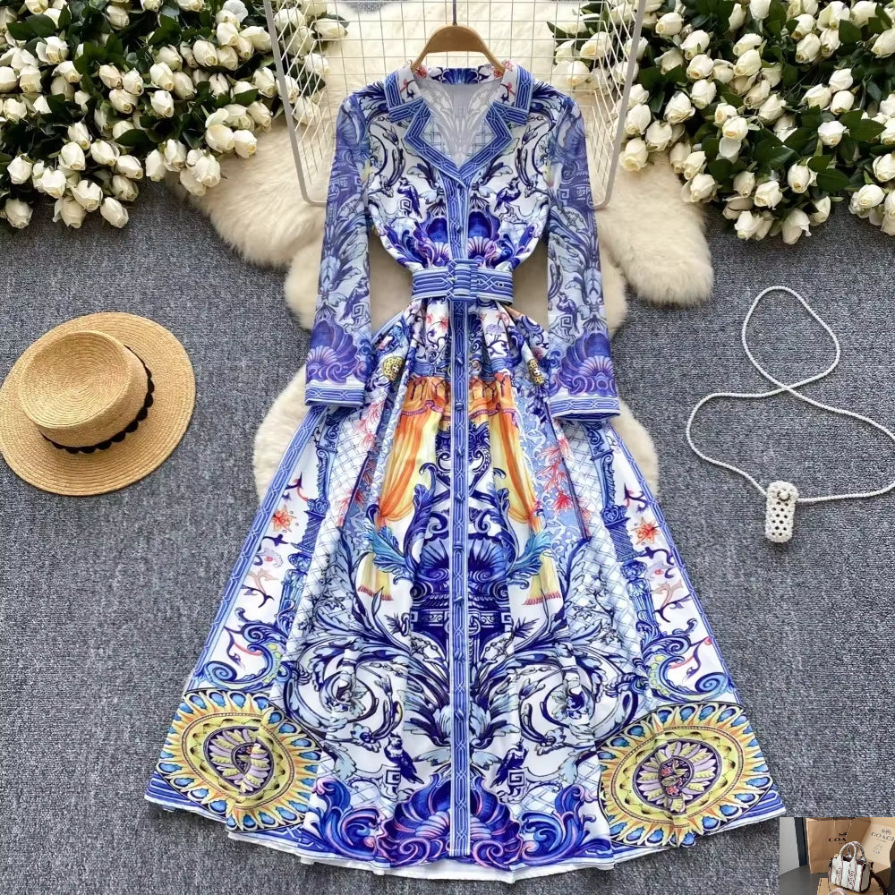Long Sleeve Dress Turn-down Collar Lace Up Dress SA123