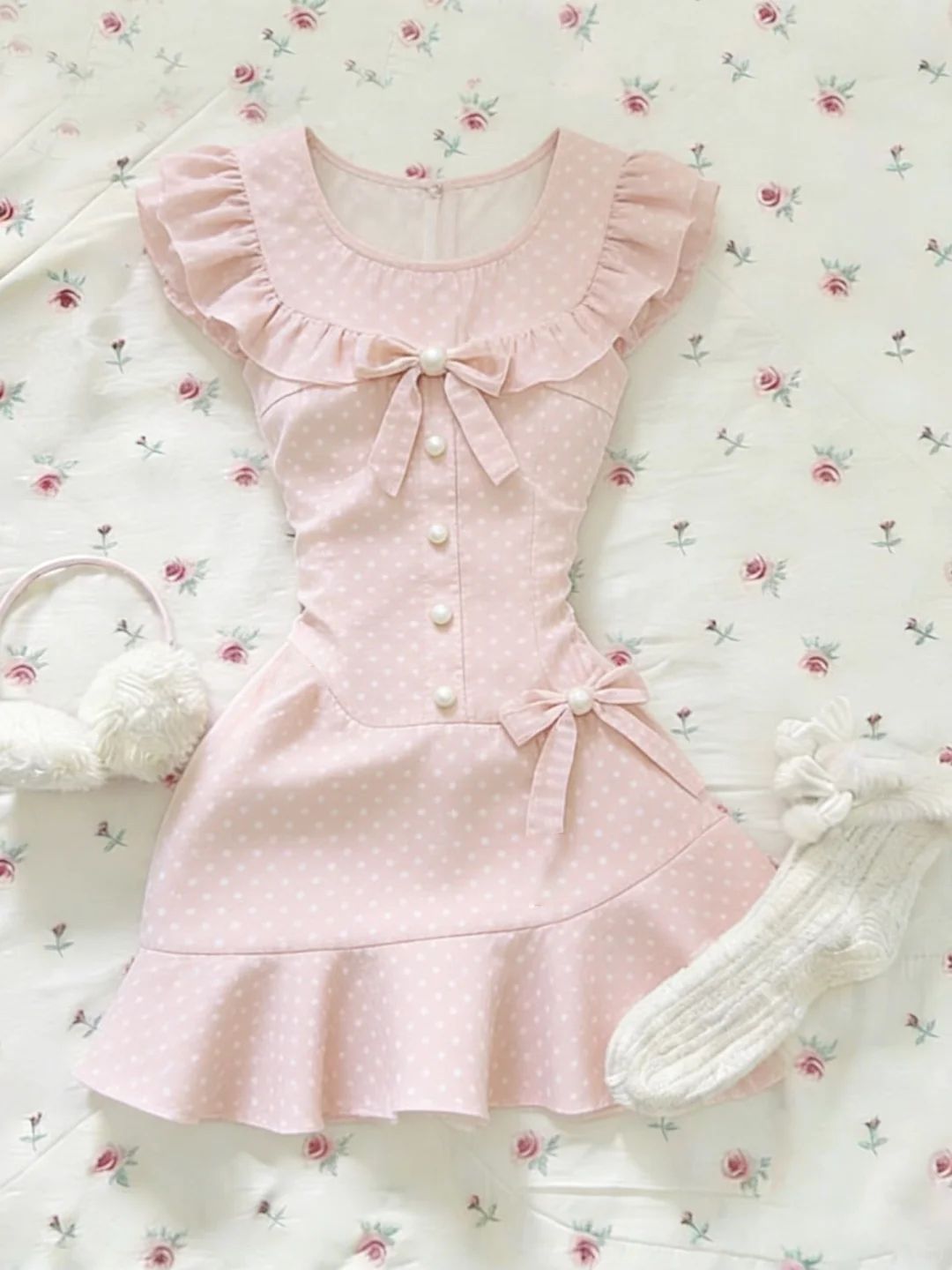Small Flutter Sleeve Polka Dot Dress US 64D109