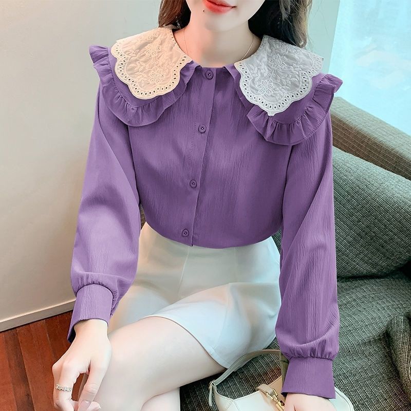 Long Sleeve Doll Collar Chiffon Shirt Women 69A753