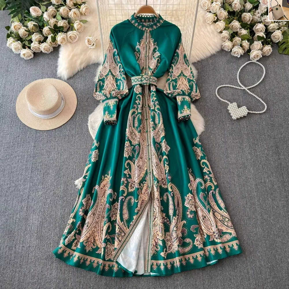 Vintage Print Lantern Sleeve Dress SA120