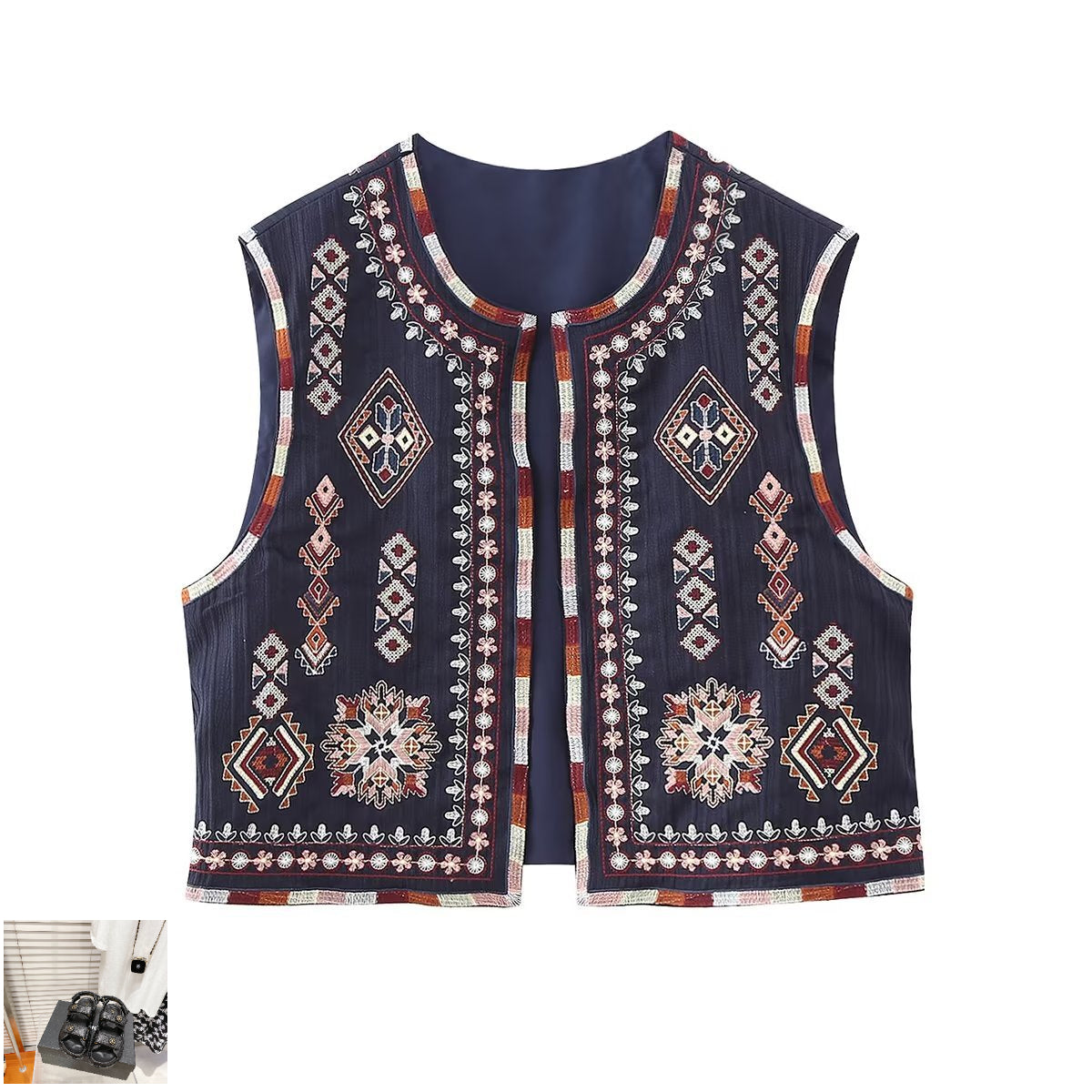 Embroidered Crew Neck Cardigan Fashion Short Vest SA333