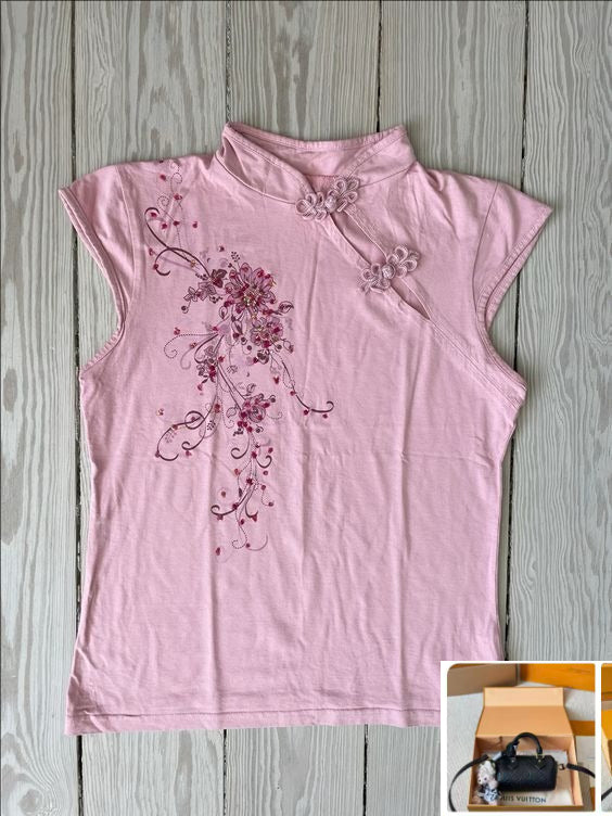 Pink Flower Print Stand-up Collar Button-down Casual T-shirt SA439