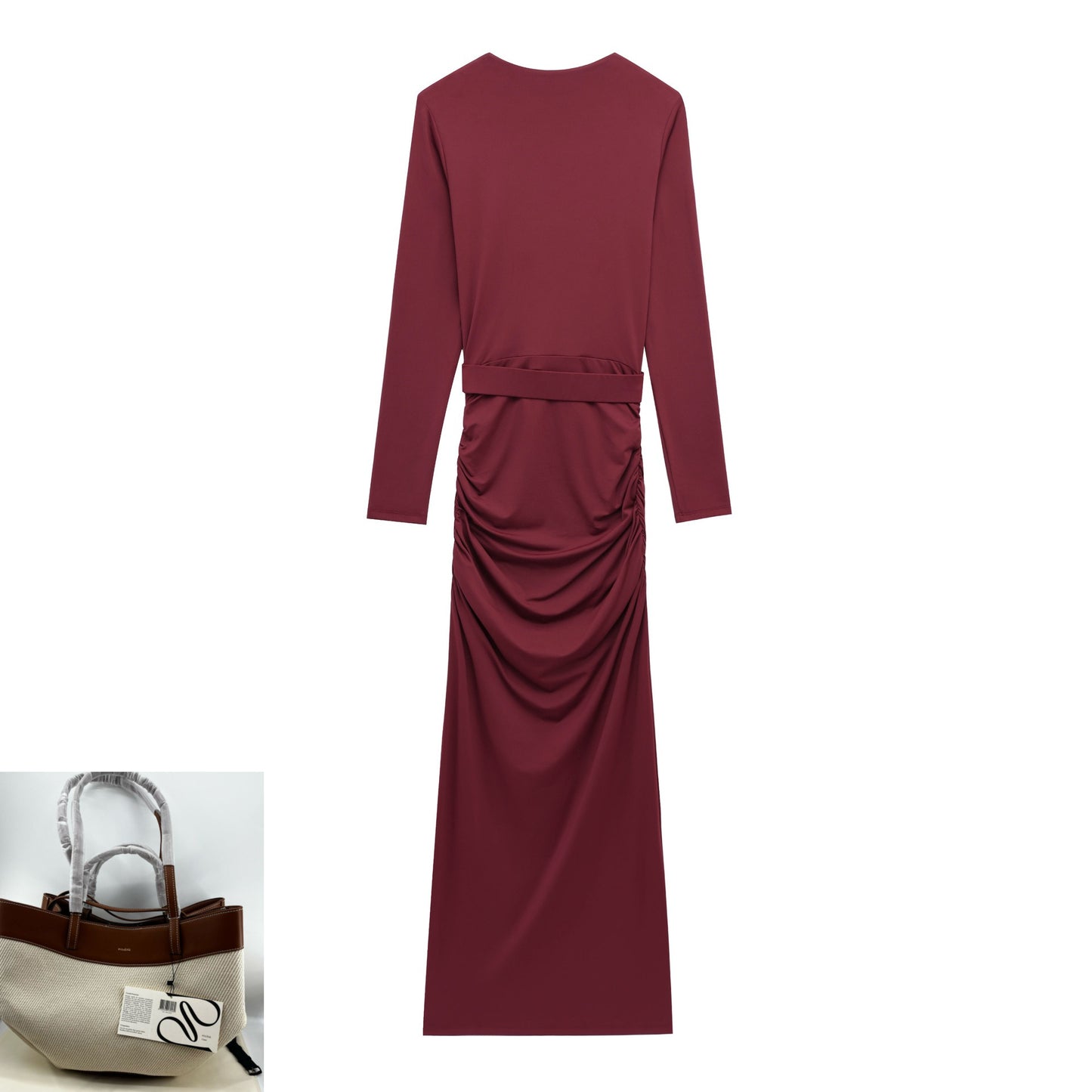 Belt Long Sleeve Deep V-Neck Dress SA421