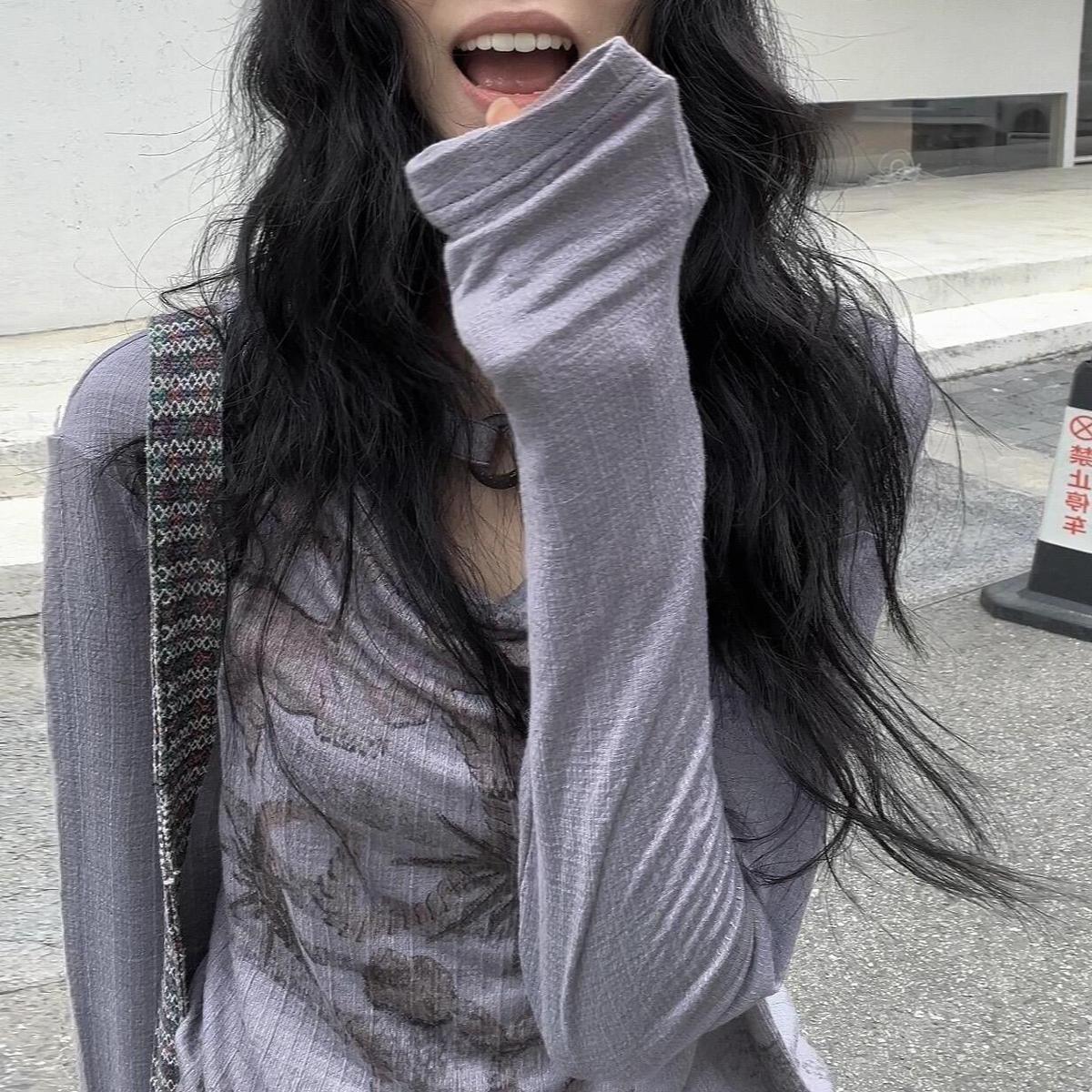 Gray Purple Long-sleeved T-shirt SA677