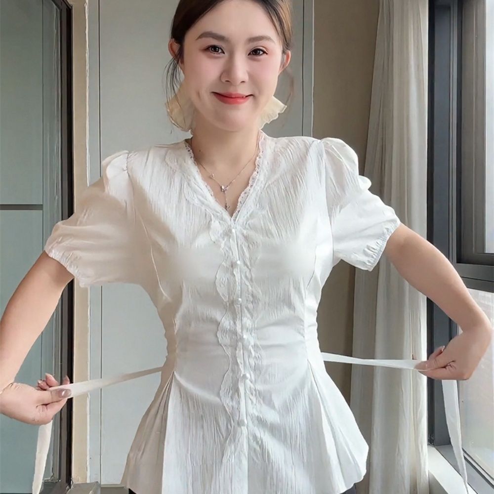 V-neck Short Sleeve Black Blouse SAB123/SAB124