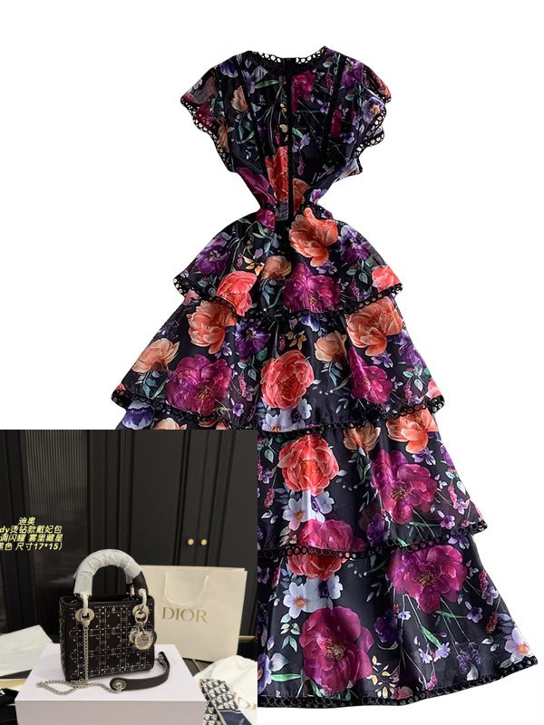 Lace-trimmed, Printed, Round-neck Dress SA758