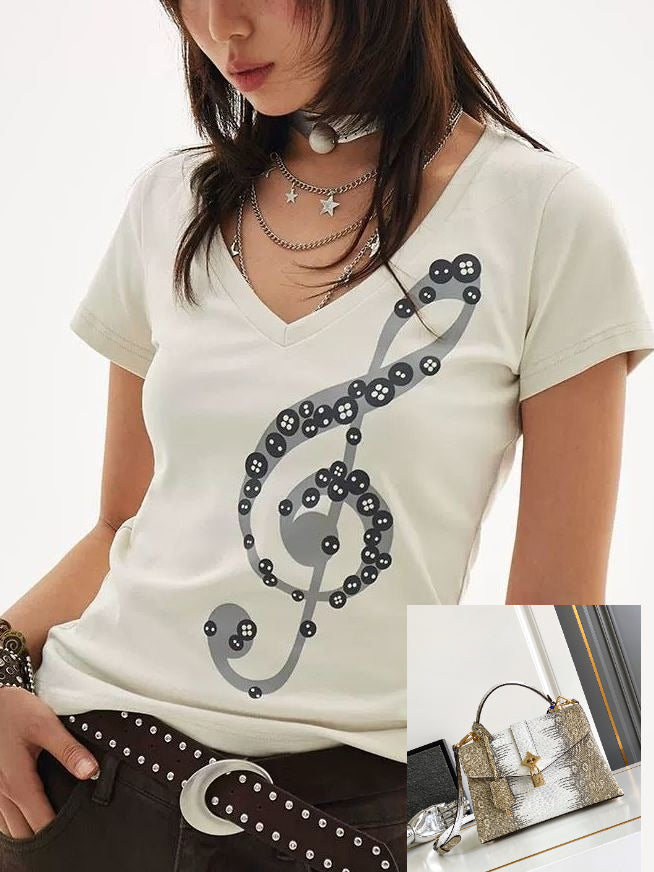 Musical Note Print V-neck Short-sleeved T SA890