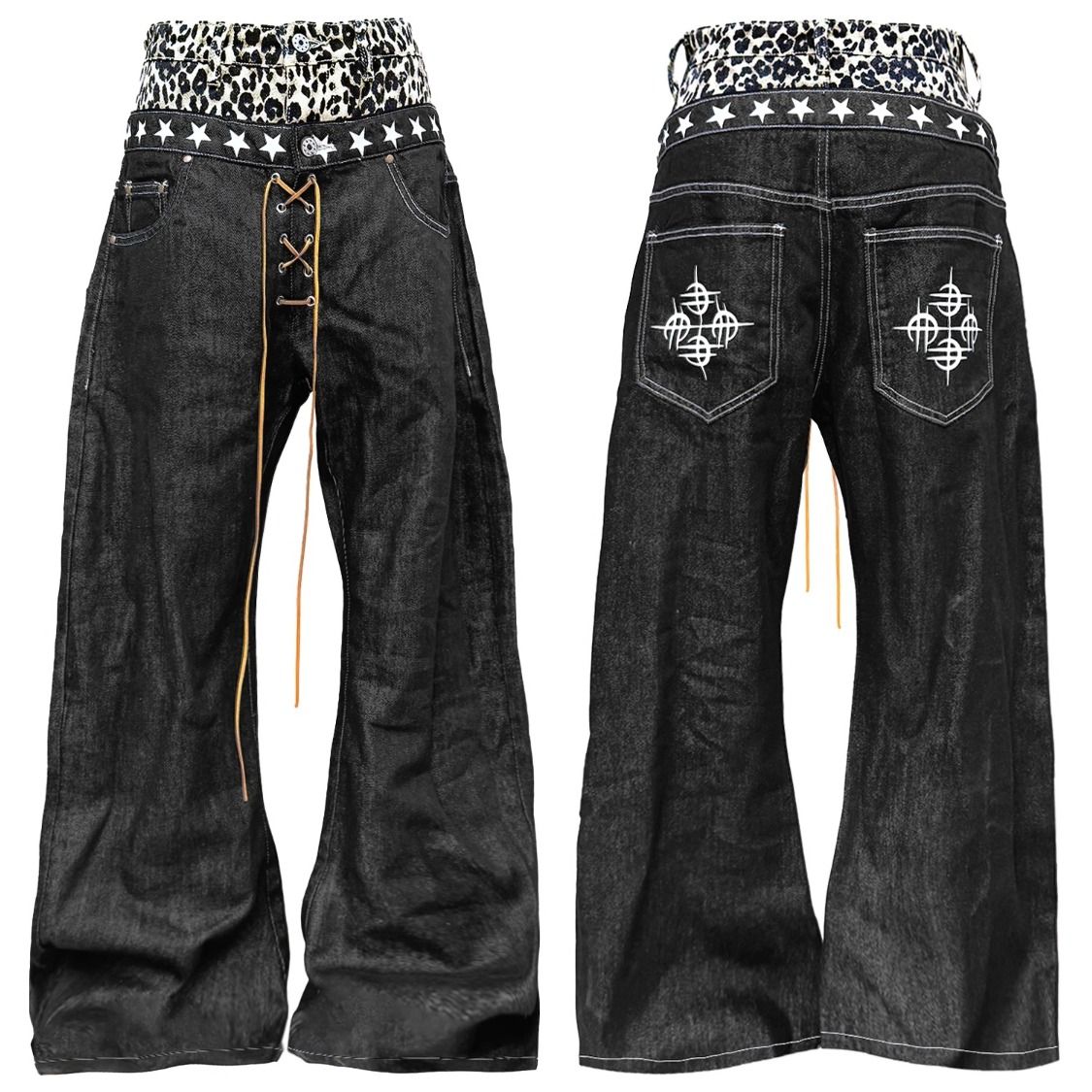 Leopard Splicing Double Waist Jeans SA653
