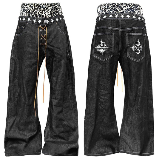 Leopard Splicing Double Waist Jeans SA653