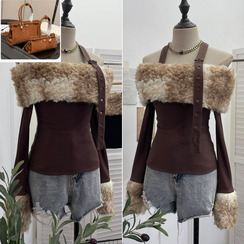 One-word Shoulder Long-sleeved Top Short Slim-fit T-shirt  SA468/SA469