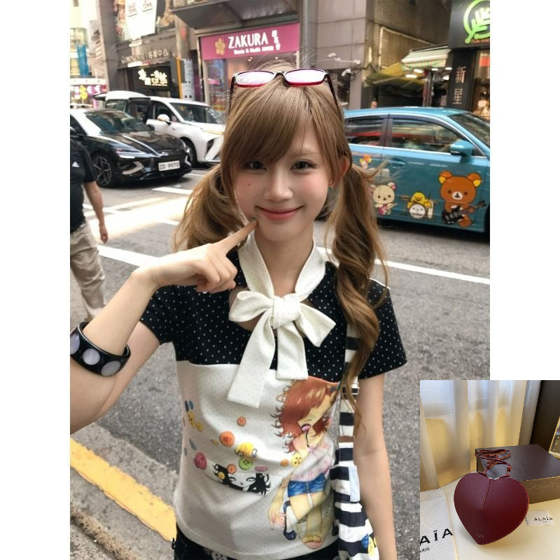 Polka Dot Print Patchwork Short-sleeved Top SAB042