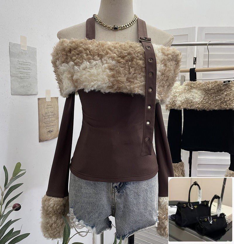 One-word Shoulder Long-sleeved Top Short Slim-fit T-shirt  SA468/SA469