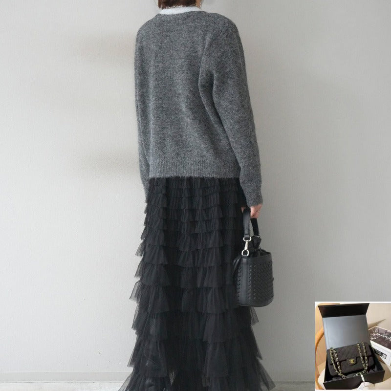 Loose V-neck Knitted Cardigan + Skirt SA607
