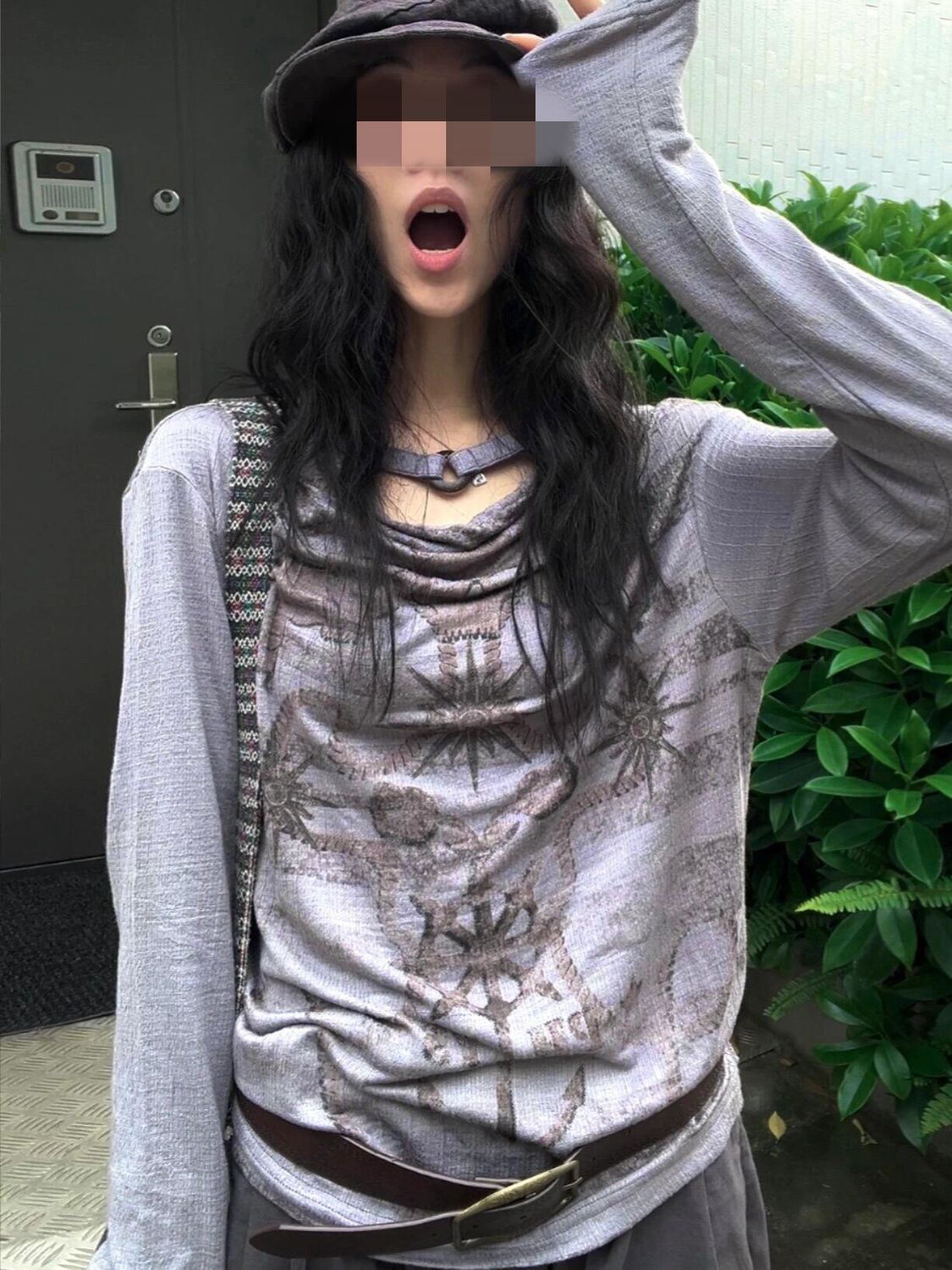Gray Purple Long-sleeved T-shirt SA677