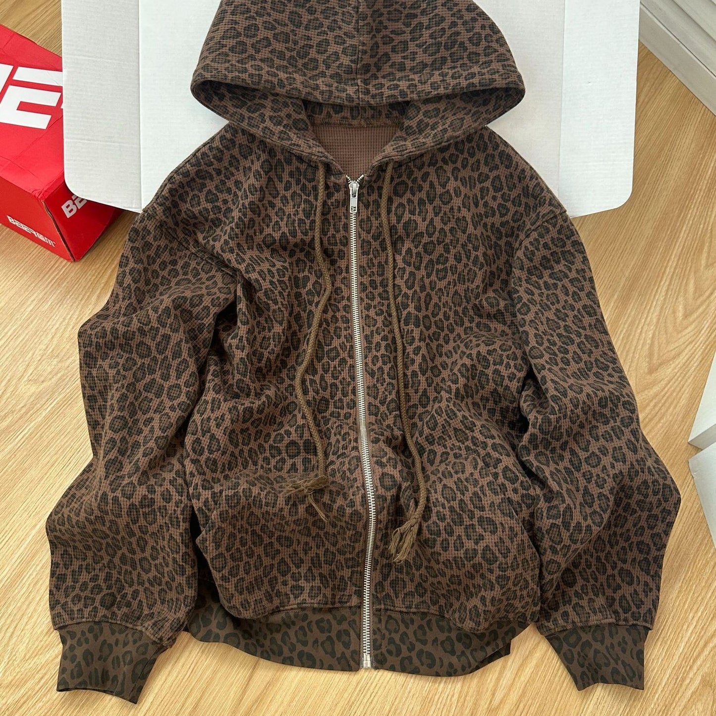 Hooded Zipper Leopard Print Casual Sweatshirt SA875