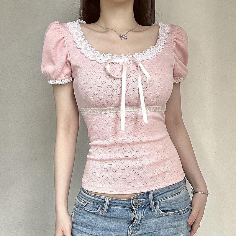 Bowknot Lace Cropped T-shirt US 64D144