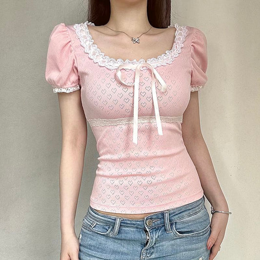 Bowknot Lace Cropped T-shirt US 64D144