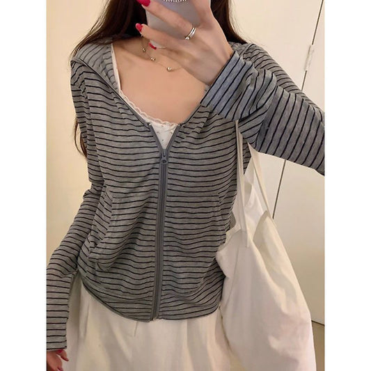 Hooded Striped Zip-up Long Sleeve T-shirt Top SA723