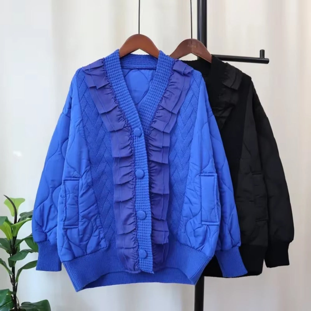 Patchwork Lace 2024 Woman Cardigan V-neck Long Sleeve Ropa Mujer Single Breasted Outerwears Autumn Winter Sweater Cardigans