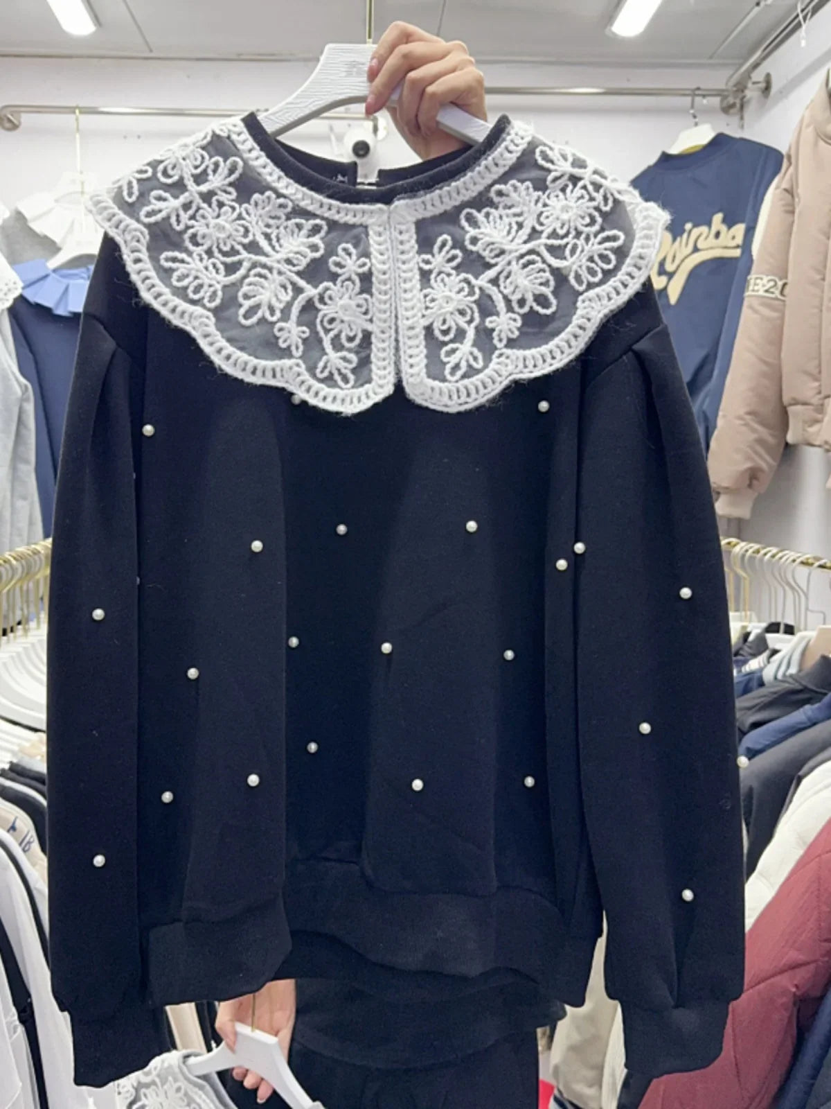 Splicing Lace Doll Collar Beaded  Loose Sweater