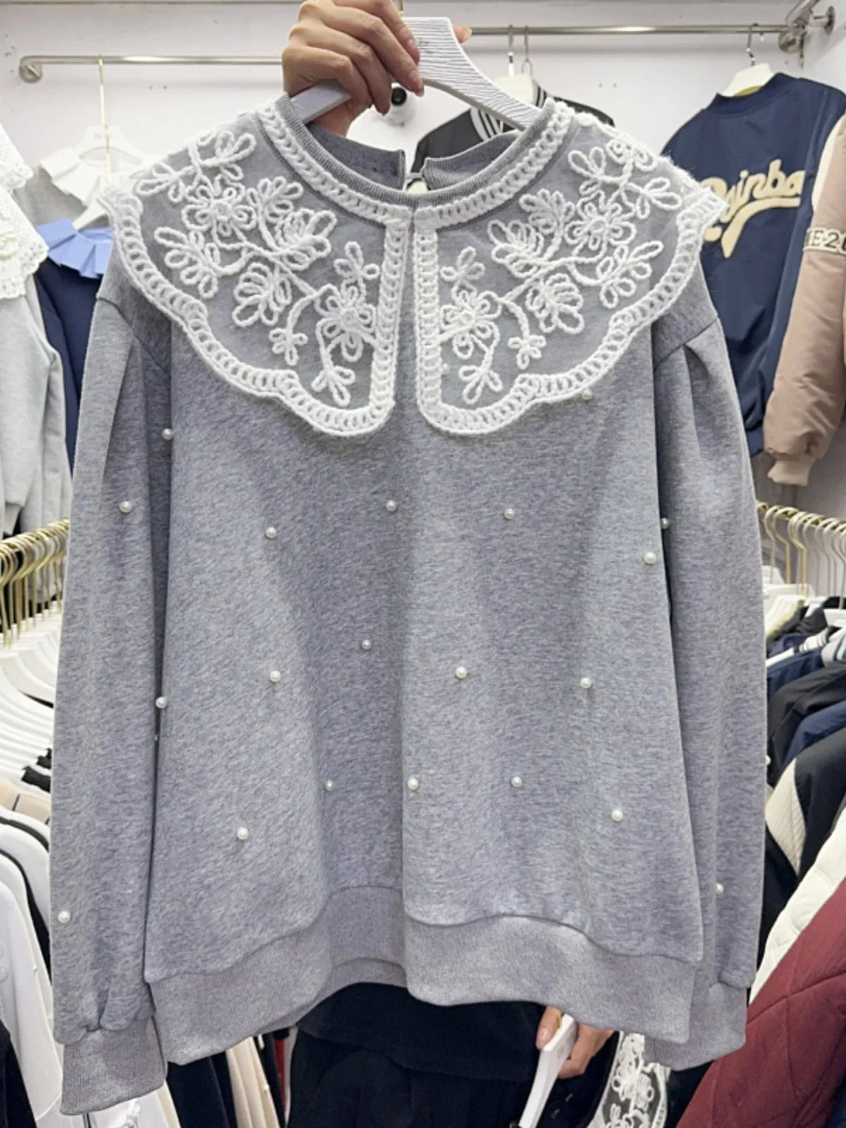 Splicing Lace Doll Collar Beaded  Loose Sweater