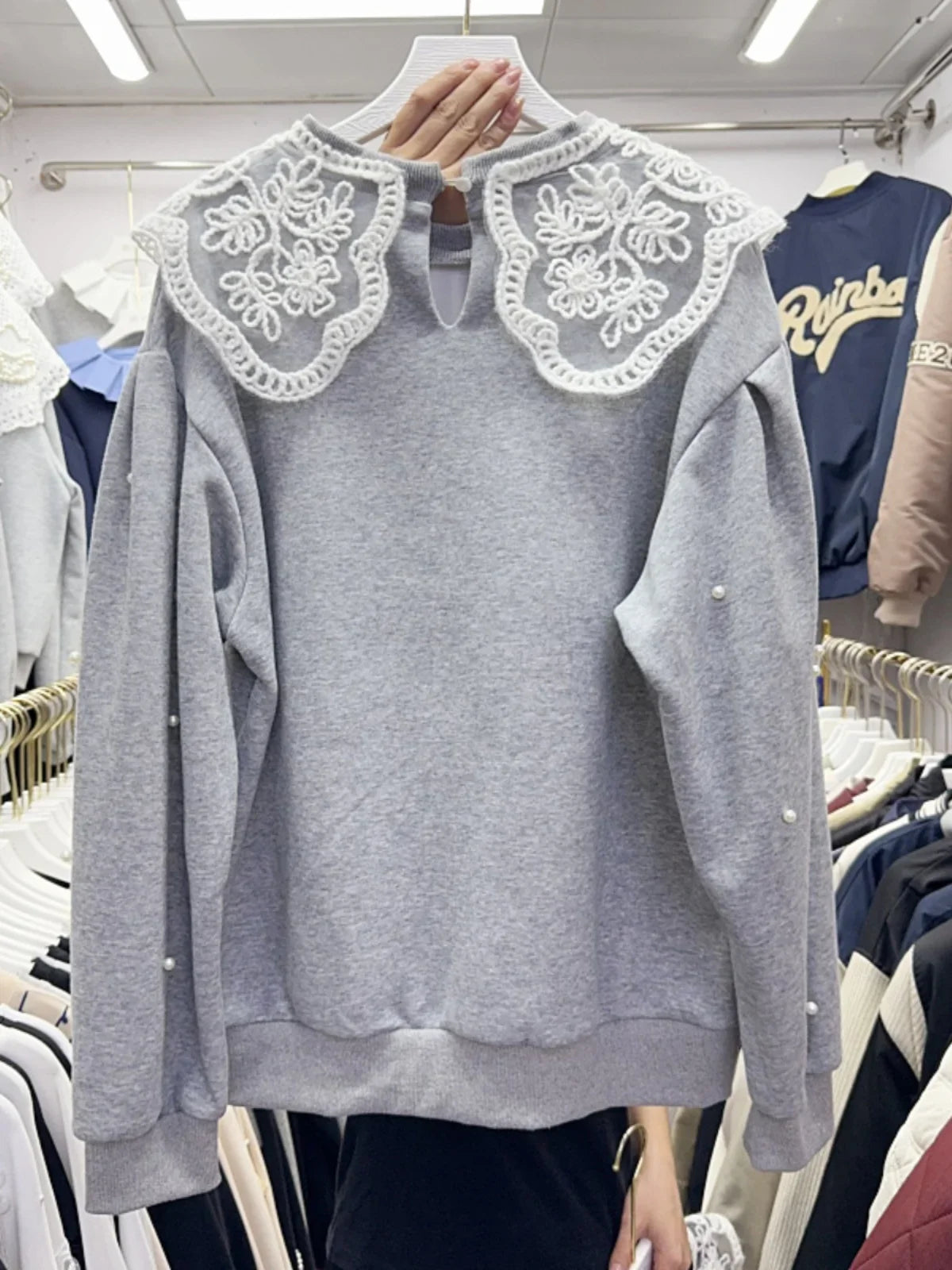 Splicing Lace Doll Collar Beaded  Loose Sweater