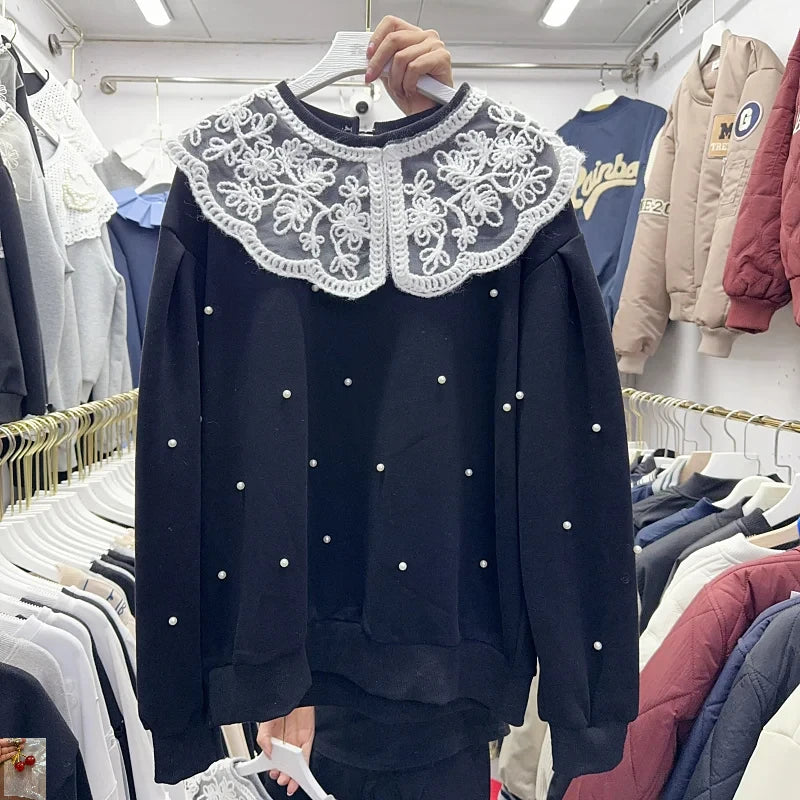 Splicing Lace Doll Collar Beaded  Loose Sweater