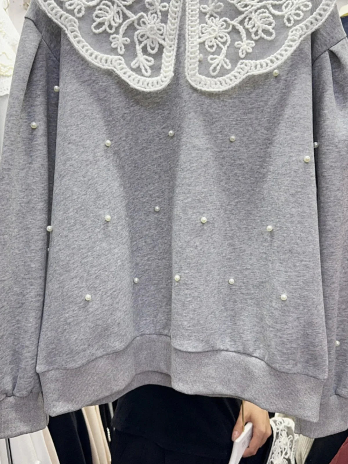 Splicing Lace Doll Collar Beaded  Loose Sweater